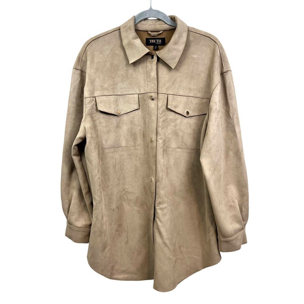 Truth By Republic Women Vegan Suede Jacket Collared Snap Up Flap Pockets Tan XL*